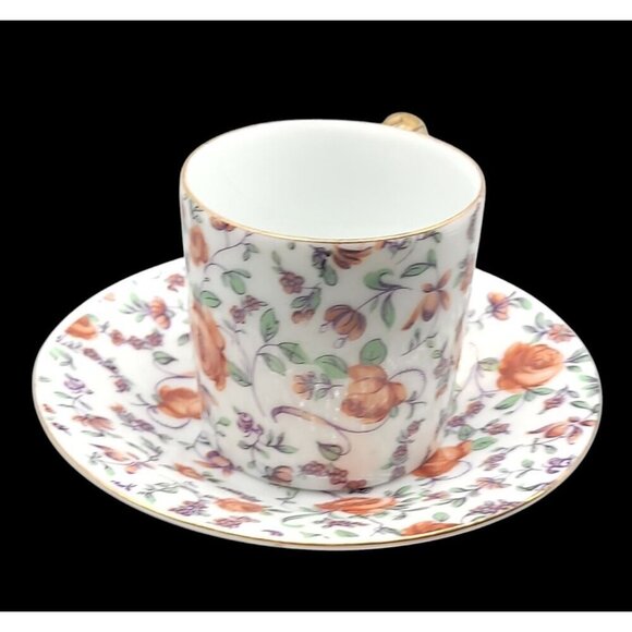 Demitasse Teacup & Saucer By Norcrest CF351 Red Rose Gold Trim Expresso Vintage - Picture 2 of 11